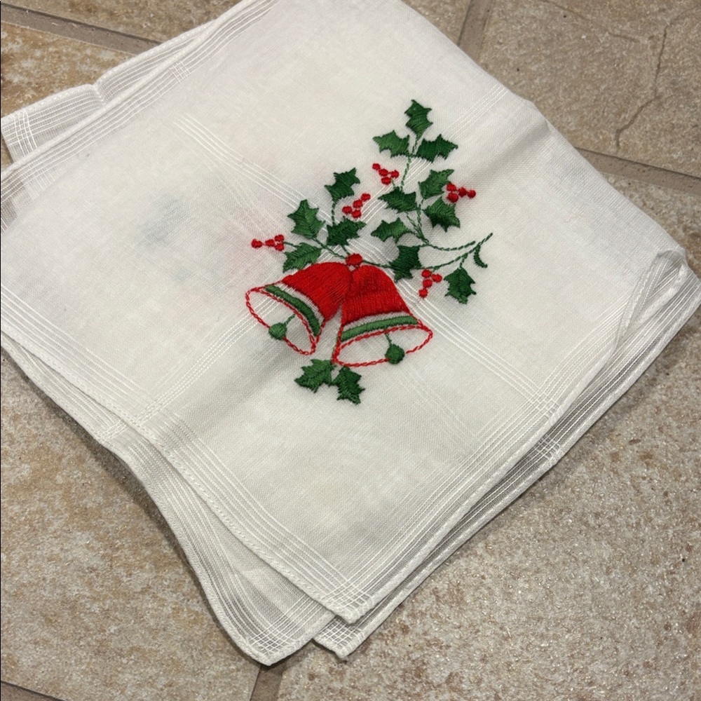 5 Embroidered Holiday hankies with Bells